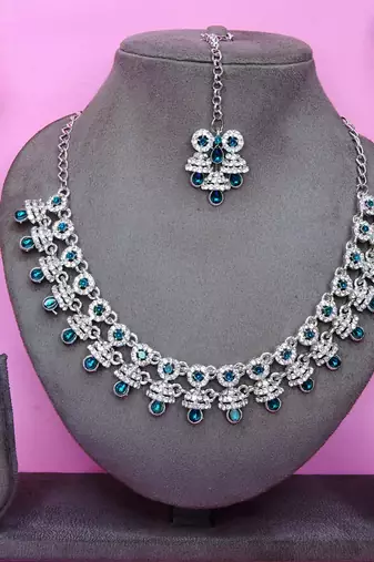 Blue rhodium premium designer american diamond and stone work necklace set