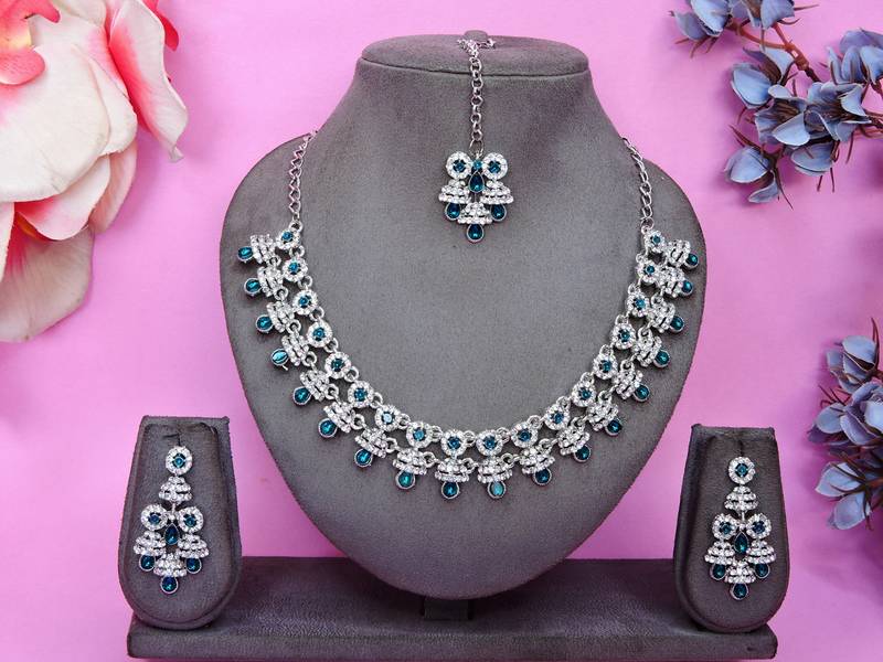 Blue rhodium premium designer american diamond and stone work necklace set