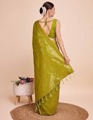 mehendi copper zari work silk blend saree with blouse 4