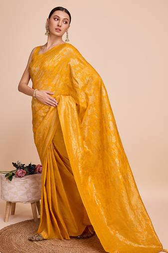 yellow copper zari work silk blend saree with blouse