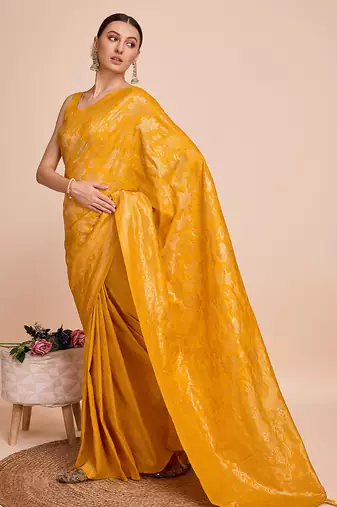 yellow copper zari work silk blend saree with blouse