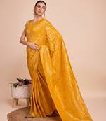 yellow copper zari work silk blend saree with blouse