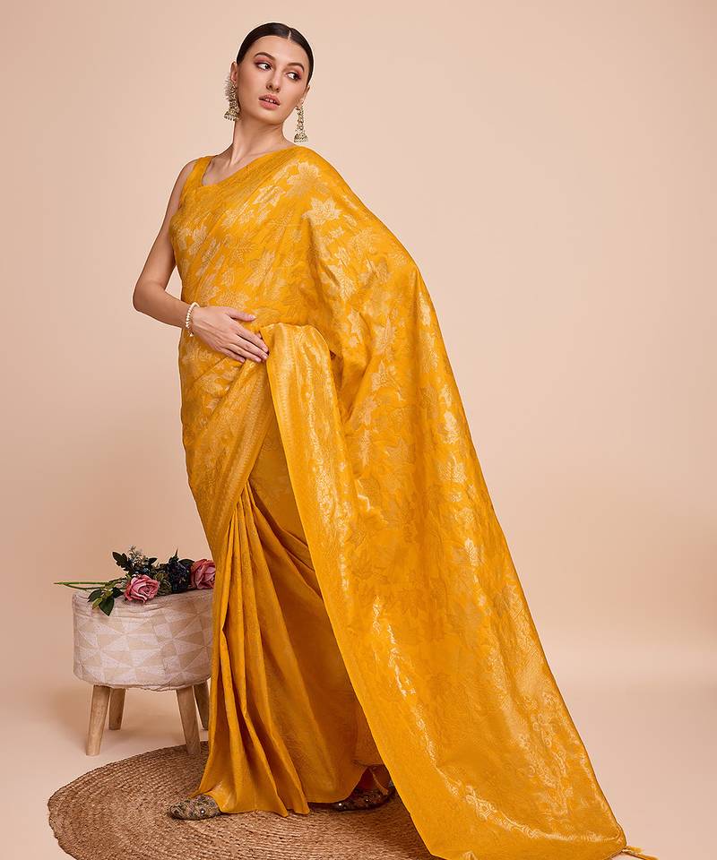 yellow copper zari work silk blend saree with blouse