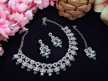 Blue rhodium premium designer american diamond and stone work necklace set 2