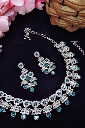 Blue rhodium premium designer american diamond and stone work necklace set