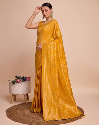 yellow copper zari work silk blend saree with blouse 2