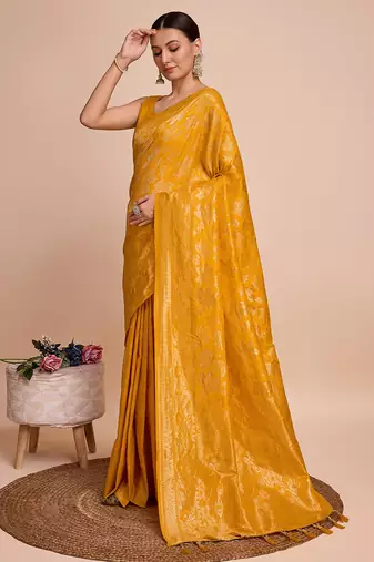 yellow copper zari work silk blend saree with blouse