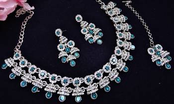 Blue rhodium premium designer american diamond and stone work necklace set 3