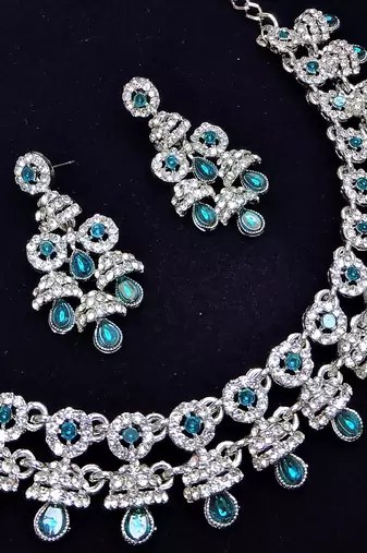 Blue rhodium premium designer american diamond and stone work necklace set