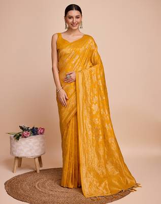 yellow copper zari work silk blend saree with blouse 3