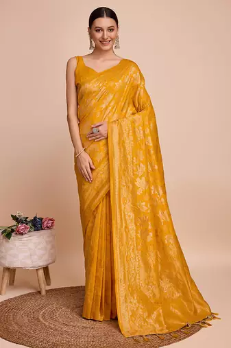 yellow copper zari work silk blend saree with blouse