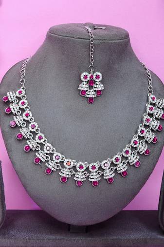 Pink rhodium premium designer american diamond and stone work necklace set