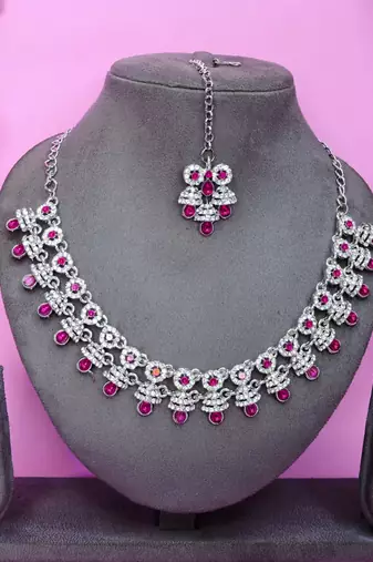 Pink rhodium premium designer american diamond and stone work necklace set
