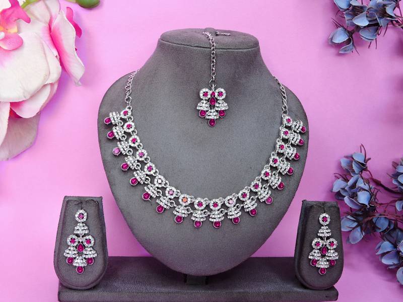 Pink rhodium premium designer american diamond and stone work necklace set