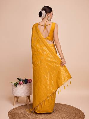 yellow copper zari work silk blend saree with blouse 4