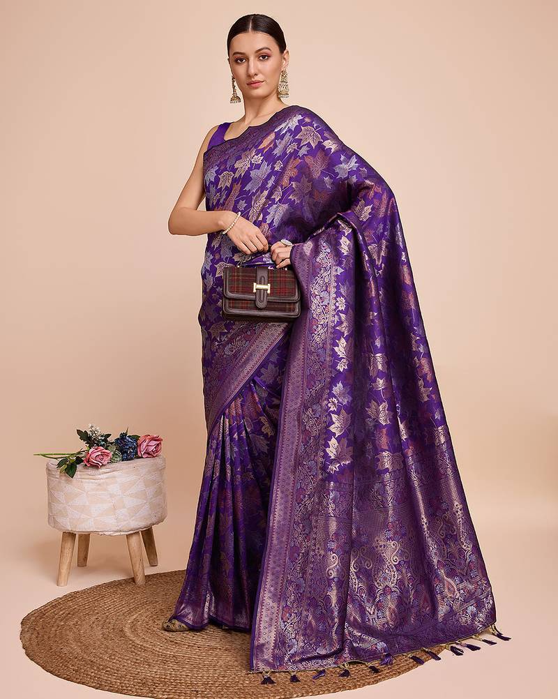 purple copper zari work silk blend saree with blouse