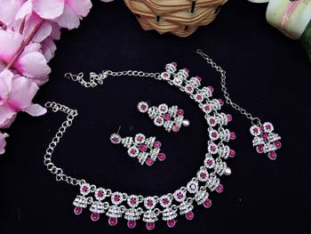 Pink rhodium premium designer american diamond and stone work necklace set 2