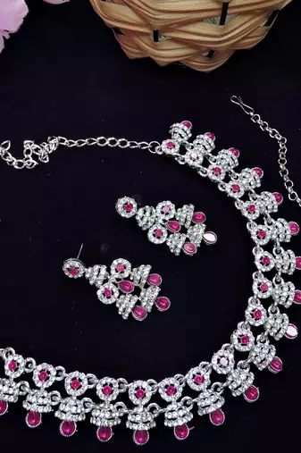 Pink rhodium premium designer american diamond and stone work necklace set
