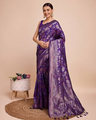 purple copper zari work silk blend saree with blouse 2