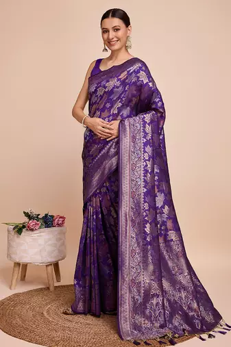 purple copper zari work silk blend saree with blouse