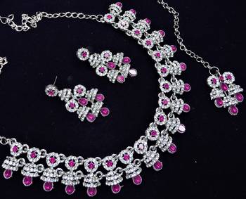 Pink rhodium premium designer american diamond and stone work necklace set 3