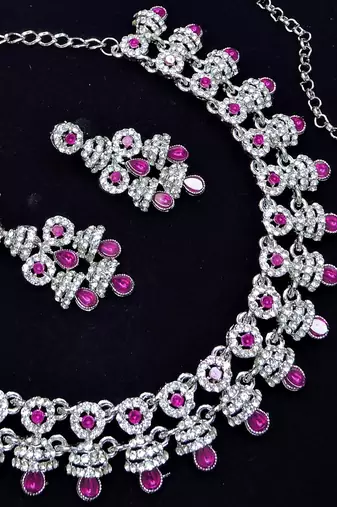 Pink rhodium premium designer american diamond and stone work necklace set