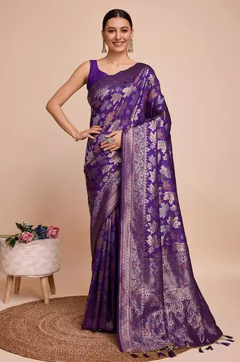 purple copper zari work silk blend saree with blouse