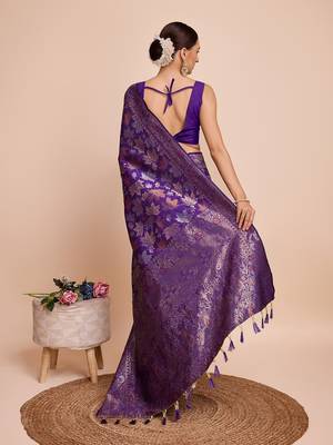 purple copper zari work silk blend saree with blouse 4