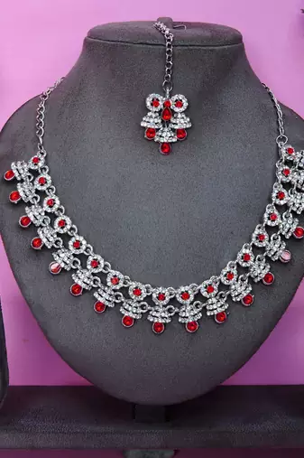 Red rhodium premium designer american diamond and stone work necklace set