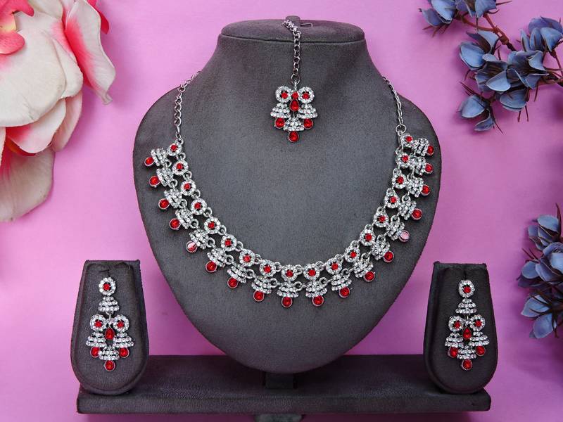 Red rhodium premium designer american diamond and stone work necklace set