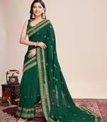 green flroal embroidery vichitra silk saree with blouse