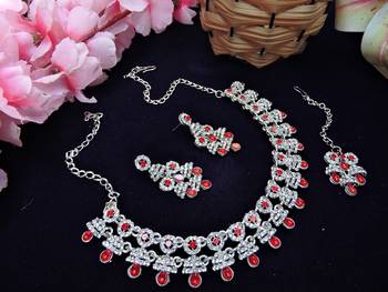 Red rhodium premium designer american diamond and stone work necklace set 2