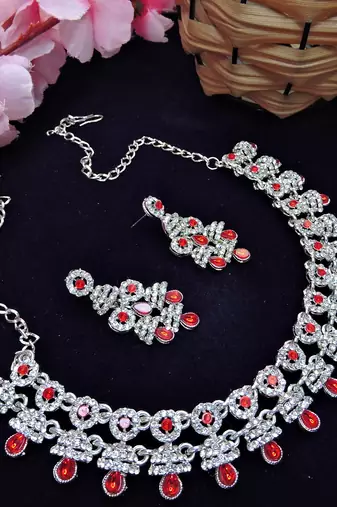 Red rhodium premium designer american diamond and stone work necklace set