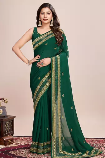 green flroal embroidery vichitra silk saree with blouse