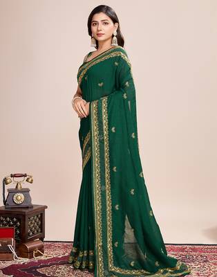 green flroal embroidery vichitra silk saree with blouse 3