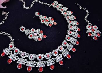 Red rhodium premium designer american diamond and stone work necklace set 3