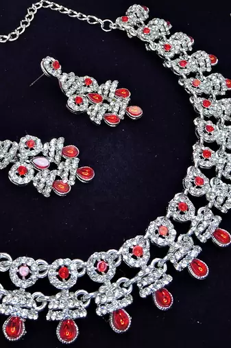 Red rhodium premium designer american diamond and stone work necklace set