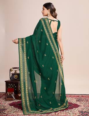 green flroal embroidery vichitra silk saree with blouse 4