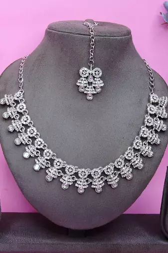 White rhodium premium designer american diamond and stone work necklace set