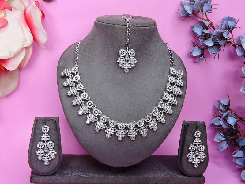 White rhodium premium designer american diamond and stone work necklace set