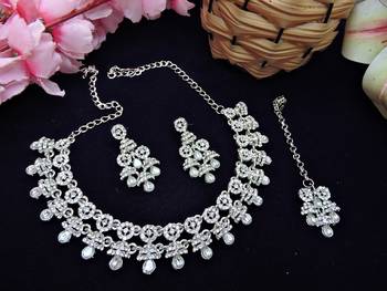 White rhodium premium designer american diamond and stone work necklace set 2