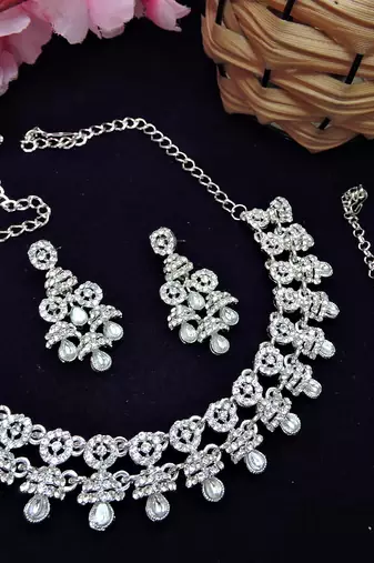 White rhodium premium designer american diamond and stone work necklace set