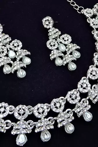 White rhodium premium designer american diamond and stone work necklace set