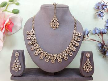 Gold yellow gold premium designer american diamond and stone work necklace set 1