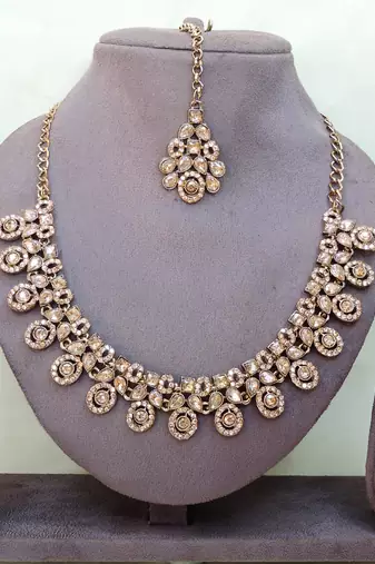 Gold yellow gold premium designer american diamond and stone work necklace set