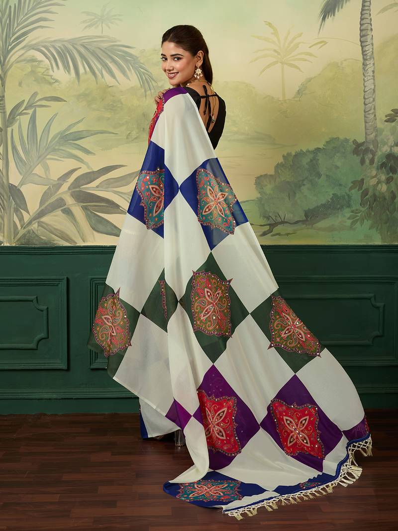 white printed with mirror work georgette saree with blouse 