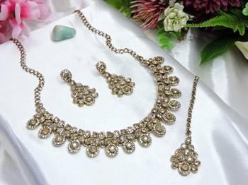 Gold yellow gold premium designer american diamond and stone work necklace set 2
