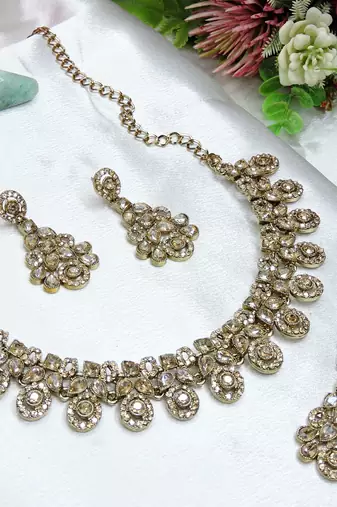 Gold yellow gold premium designer american diamond and stone work necklace set