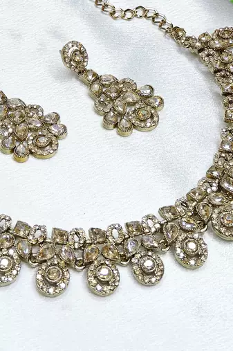 Gold yellow gold premium designer american diamond and stone work necklace set