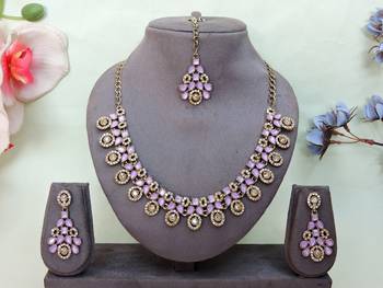 Purple yellow gold premium designer american diamond and stone work necklace set 1